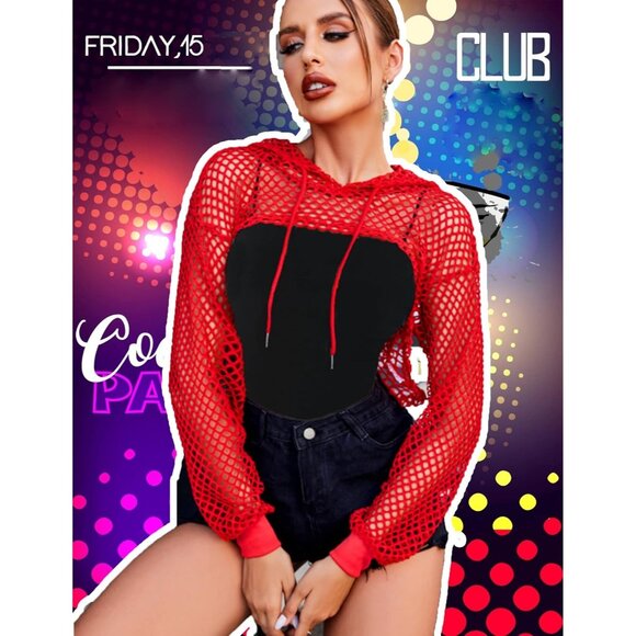 🆕Women’s Red Polyester Mesh Hoodie Crop Top Long Sleeve Fishnet Shirt - Picture 6 of 6